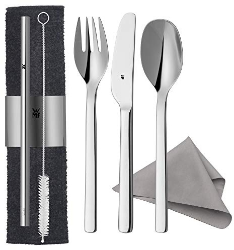 WMF my2Go, Edelstahl, Besteck Set 8-teilig, Outdoor Reisebesteck Set 1 Person, Campingbesteck mit Etui, Wanderbesteck umweltfreundlich, Strohhalm, Reinigungsbürste, Camping Zubehör Geschenk