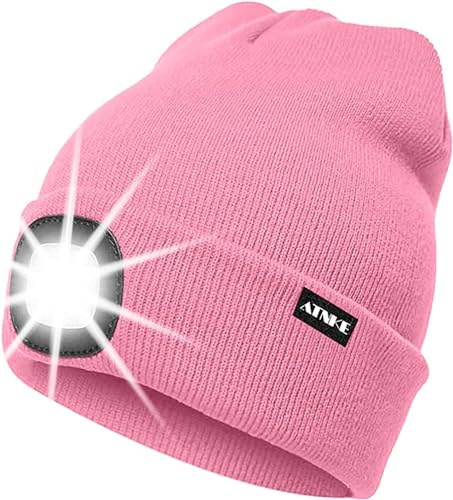 ATNKE LED Beleuchtete Mütze,Wiederaufladbare USB Laufmütze mit Licht Extrem Heller 4 LED Lampe Winter Warme Stirnlampe für Herren und Damen Geschenke