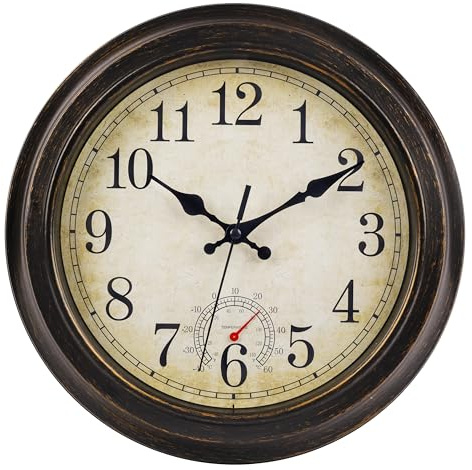 jomparis 30CM Outdoor Wanduhr mit Thermometer Außen wanduhr Wasserdicht und Wetterfest für Garten Terrasse Pool Patio(Bronze)