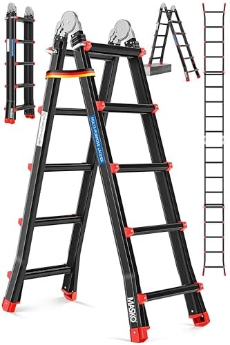 MASKO Aluminium 6in1 Mehrzweckleiter – 20 Sprossen | - 520 cm | 150 Kg, ausziehbar, rutschfest, Multifunktional, Gelenkleiter, Anlegeleiter, Klappleiter, beidseitige Steh- und Treppenleiter | Schwarz