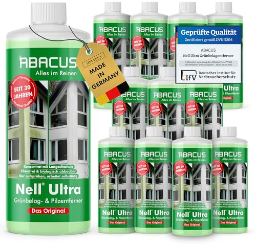 ABACUS® Nell Ultra Grünbelagentferner & Algenentferner Konzentrat, extrem stark! Entfernt Grünbelag & Algen selbsttätig ohne zu Schrubben – für Stein, Fassade, Terrasse, Dach – Nell Ultra 12x 1000 ml