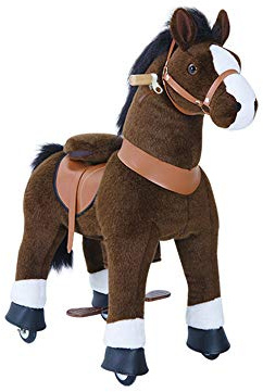 PonyCycle® Modell U Pferd auf Rollen | Braun | 4-7 Jahre | mit Bremse | Reitpferd auf Rollen für Kinder, beweglicher Sattel, Handbremse & Sound, leise Räder, Indoor & Outdoor, Größe 4