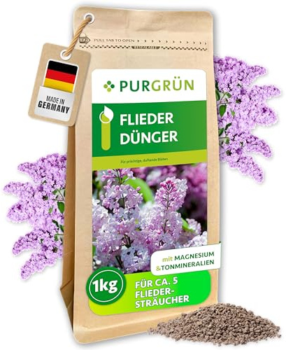 Purgrün® Fliederdünger 1 kg – Organisch-mineralische Rezeptur – Feinkörniges Krümelgranulat – NPK 5+4+6 – Extra Magnesium für leuchtende Blüten – Verbessert die Bodenqualität
