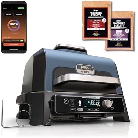 Ninja Woodfire Pro Connect XL Elektrischer BBQ Smoker Grill, App-Steuerung, digitaler Temperaturfühler, 7-in-1 Outdoor Grill elektrisch & Air Fryer mit Woodfire Pellets, wetterfest, Schwarz OG901EU