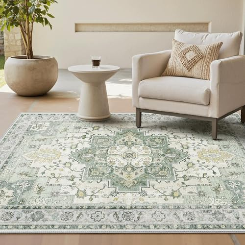 GENIMO Vintage Teppich 160x230cm, Waschbare Teppiche, Boho Teppich, Teppiche Wohnzimmer, Großer Carpet rutschfest, Schlafzimmer, Esszimmer, Büro, Grün