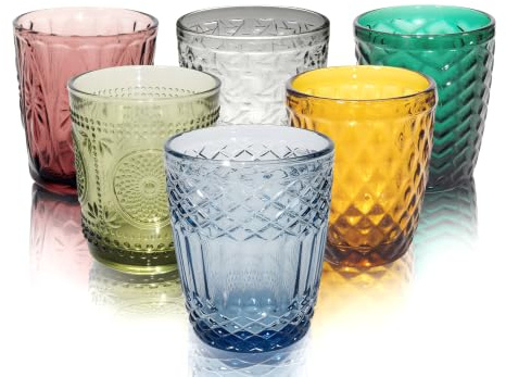 Vessyn Trinkgläser Set Bunt 6 teilig - 300ml Wassergläser Farbig im Vintage Diamant-Design - Dickwandige, Spülmaschinenfeste Saftgläser aus durchgefärbtem Glas