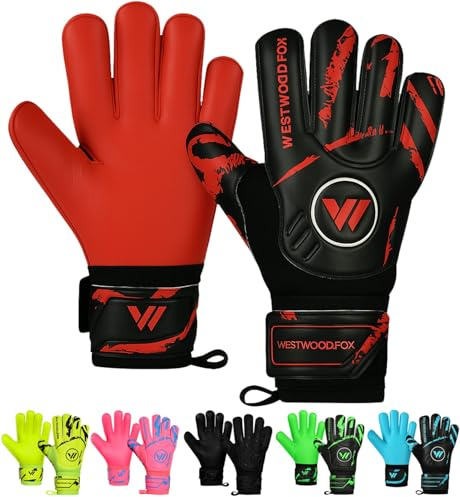 WESTWOOD FOX Torwarthandschuhe Fingersave Fußball Torwarthandschuhe für Kinder Jugend Erwach Handfläche zu DumboLatex 4+3 mm Handgelenk (SCHWARZ-ROT, Größe 6, geeignet für Kinder von 8 bis 10 Jahren)