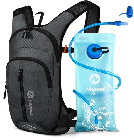 Nepest Trinkrucksack 8L - Fahrradrucksack & Skirucksack mit 2L Trinkblase | Ideal für MTB, Laufen & Skifahren | Verstellbarer Brust & Taillengurt mit Sicherheitspfeife - Grau