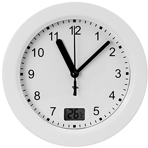 TFA Dostmann Analoge Badezimmer Uhr Funk, 60.3501, mit digitaler Temperaturanzeige, feuchtigkeitsgeschützt, ohne Bohren, 4 Saugnäpfe, Funkuhr, inkl Thermometer, 17 x 5,9 cm, Silber