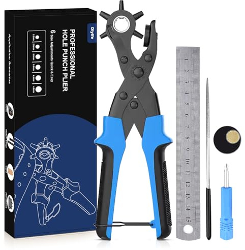 Lochzange für Leder [Volles Set], Diyife Gürtel Lochermit Komforthebel, Heavy Duty Lochzange mit 2 Extra Punch Platten und Lineal, Multi Sized Puncher für Gürtel, Kunsthandwerk, Karte, Gummi