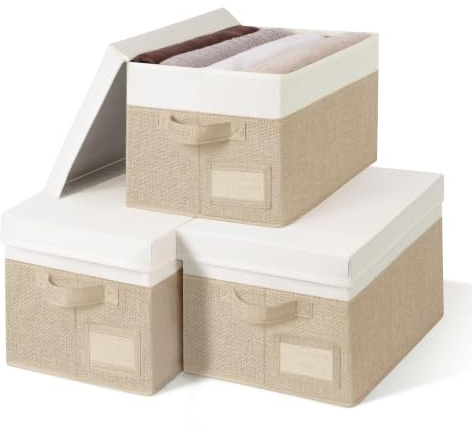 GRANNY SAYS Aufbewahren Boxen mit Deckel Stoff, 3 Stück Kisten Aufbewahrung für Schrank, Khaki Boxen mit Deckel Aufbewahrung, Faltbare Aufbewahrungskorb mit Deckel, Kleiderschrank Ordnungsboxen