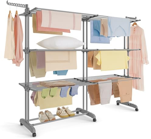 SONGMICS Wäscheständer, Standtrockner 4 Ebenen, ausziehbar, Flügelwäscheständer, klappbare Flügel, mit Rollen, 63,5 x (131-200) x 177,5 cm, groß, einfacher Aufbau, Taubengrau LLR704G01