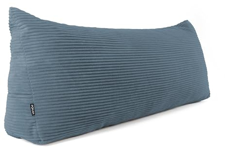 POKAR Rückenkissen | Cord Keilkissen 180x50x20 cm | Lesekissen für Bett und Sofa | Sofakissen für Rückenlehne | Groß Wandkissen Couchkissen mit Seitentaschen | Oeko Tex 100 Zertifiziert | Blau