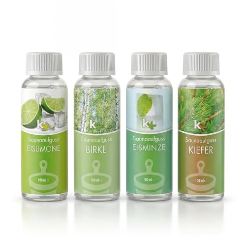 KK Saunaaufguss-Set Skandinavien - Made in Germany - 4 verschiedene Duftsorten in einem Set - Eislimone, Birke, Eisminze, Kiefer - 100ml Flasche - in verschiedenen Varianten erhältlich