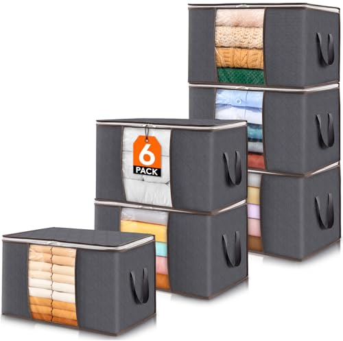 Lifewit Große Aufbewahrungstasche Schrank Organizer Set, Faltbar Kleideraufbewahrung mit verstärkt Griff, stabilem Reißverschluss für Kleidung, Bettwäsche, Bettdecken, Steppdecke, Grau, 6 Stück