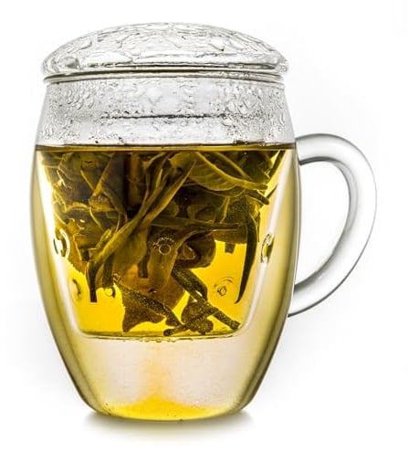 Creano Teeglas all in one, Große Teetasse mit Sieb und Deckel aus Glas, 400ml ein idealer Teebereiter