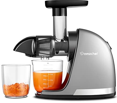 AMZCHEF Entsafter Gemüse und Obst Testsieger - Entsafter Slow Juicer mit Rückwärts-Kau-Funktion - Zartes Zerkleinern ohne Filtern - Saftpresse Elektrisch mit Bürste und 2 Tassen - Silber