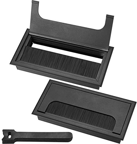 2 Stück Kabeldurchführungen Kabeldurchlass, Kabelkanal Schreibtisch mit Bürstendichtung Aluminium, mit 10 Stück Kabelbindern. (Schwarz, 160x80mm)