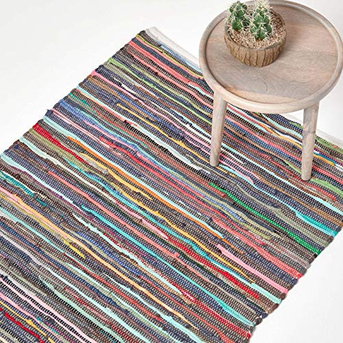 Homescapes Chindi-Teppich, handgewebt aus 100% recycelter Baumwolle, 70 x 120 cm, Flickenteppich mit bunten Streifen
