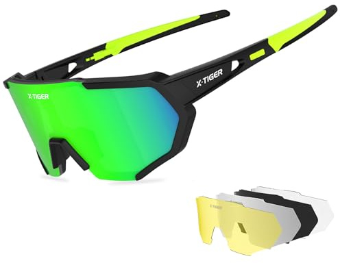X-TIGER Fahrradbrille, Herren Damen Sportbrille, UV400 mit 5 Wechselgläser | Robuster TR90 Rahmen, mit montierbarem Brillenband & Ohrhaken Sonnenbrille Outdoor/Radfahren/Laufen/Autofahren/Angeln/Golf