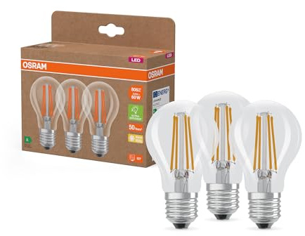 Osram Hocheffiziente LED Lampen mit Energieeffizienz Klasse A, Vorteilspack mit 3 Leuchtmittel, ersetzt herkömmliche 60W Glühbirnen, Birnenform, warmweiß(2700K), E27, Filament Glas