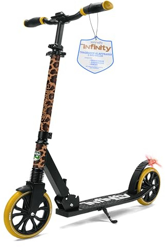 SereneLife Roller, Stabiler Cityroller, Höhenverstellbarer Big Wheel Scooter, Klappbar Inkl. Tragegurt, Ständer und Trittbremse, für Kinder und Erwachsene bis 100kg, Leopard