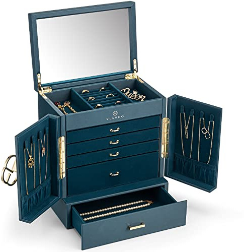 VLANDO Schmuckkasten Groß, Vintage Schmuckkästchen 6 Ebenen, Schmuck Organizers Groß XXL mit Spiegel, Schubladen, Schmuckaufbewahrung Damen, Schmuckschatulle für Ohrring, Ketten, Uhren