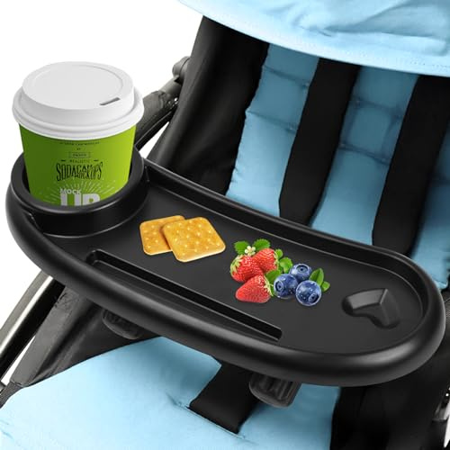 Universelles Kinderwagentablett,3-in-1 Snack Tablett für Kinderwagen,Abnehmbare Kinderwagen-Zubehör, mit Snacktablett und Telefonhalter, mit Einstellbarem Clip,für Outdoor, Schwarz