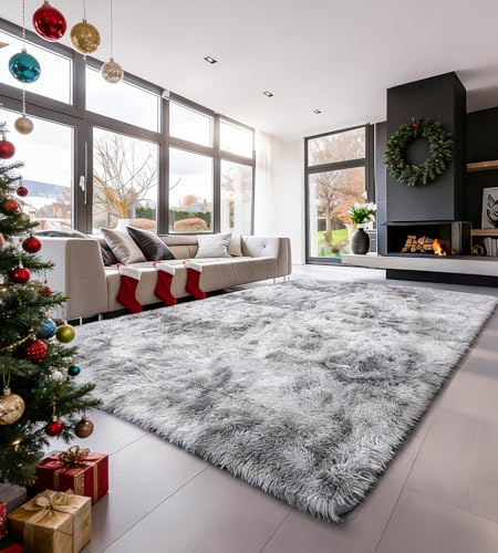ROHATIM Teppich Wohnzimmer 120 x 160 cm hellgrau Waschbar Rutschfester Hochflorteppich Kinderzimmer Schlafzimmer Flauschiger Teppiche