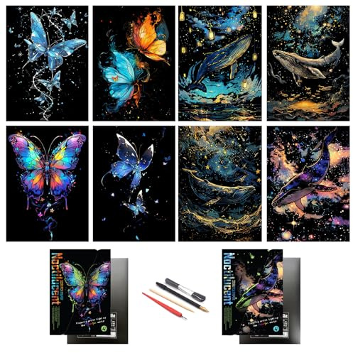 SiYear Kratzpapier, Regenbogen-Malerei, Skizze, Stadt-Serie, Nachtszene, kreatives Geschenk, Kratzbrett für Erwachsene mit 4 Werkzeugen (Schmetterling + Wal)
