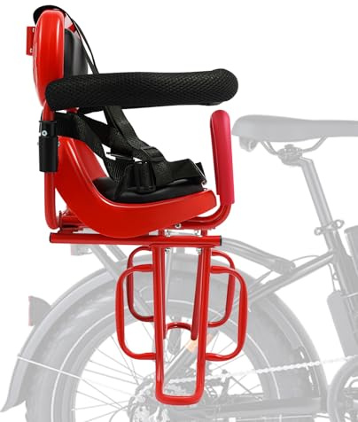 ROGONPDK Kinderfahrradsitz Hinten | Fahrrad Hinten Träger Fahrrad Rücksitz Kissen Tragen Kinder | Fahrradsitz Kindersicherheits mit Sicherheitsgurt & U-förmige Geländer, Fußstützenhalterungen (Rot)