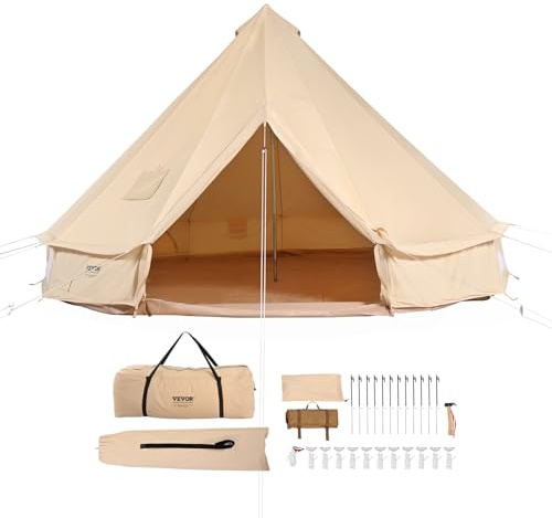 VEVOR Glockenzelt 4 x 2,5 m Jurten Zelt TC-Baumwolle und robusten Eisenstangen mit Einer PVC-Bodenplane Campingzelt 6 Personen Familienzelt 8 Fenster Gruppenzelt für Outdoor-Abenteuer