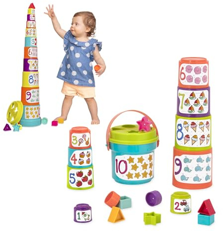 Battat - Sortieren & Stapeln - Nesting Sorter Sortierset - 19-teiliges Stapel-Eimer-Sortier-Set - 10 Tassen & 8 Formen - Lern- und Geschicklichkeitsspielzeug - 18 Monate +
