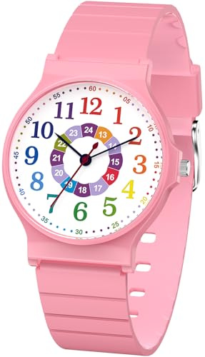 SOCICO Kinder Analoguhr Jungen Mädchen, 30M Wasserdicht Leicht Ablesbar für 5-15 Jahre, Tolle Geburtstags Kinder (Rosa-Buntes)