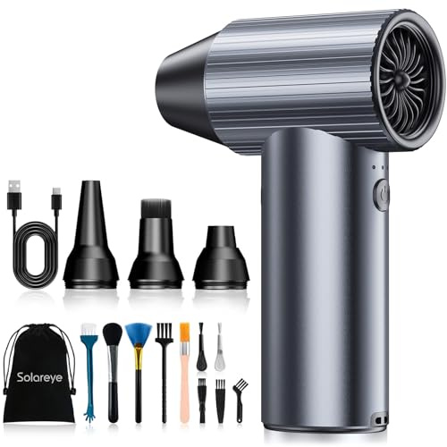 Solareye Druckluft Compressed Air Duster, 3-Gang 300000 U/min, Elektrische Staubgebläse Luftdruckspray mit 7500mAh Akku, Reinigungsbürste und USB Schnellladung, für PC Reinigungsset, Auto, Sofa