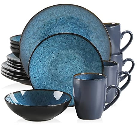 Tafelservice 4 Personen, vancasso 16 tlg BUBBLE Kombiservice Set aus Steingut, Geschirrset im Vintage Aussehen, Beinhaltet Schalen, Kaffeetassen, Dessertteller und Speiseteller für 4/8/12 Personen