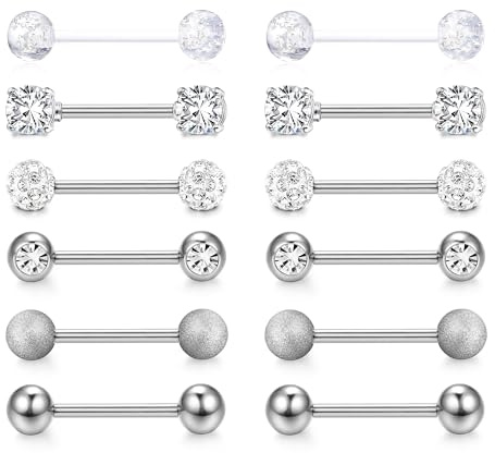 CASSIECA 12Pcs 14G Zungenpiercing Brustwarzenpiercing Nippelpiercing für Frauen Brustwarzen Piercing Chirurgenstahl Silber Nippelpiercing 12/14/16/18mm Stablänge Barbells Body Piercing