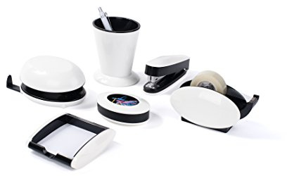 Pavo Trendy Schreibtisch-Set, 6-teilig - Hochglanz mit Stifteköcher, Klammernspender, Locher, Heftgerät, Zettelbox und Tischabrolle, weiß
