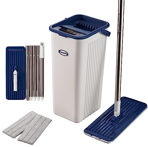 CleanAid Formosa 2 Wischmopp Set + Doppelkammer-Eimer | Flachmopp 360° Drehgelenk | Mikrofaser Wischpads (2 Stück) | Auswringfunktion ohne Hände | Bodenwischer Mop mit Eimer