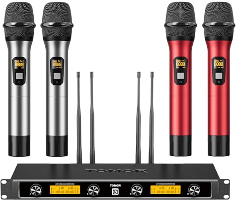 TONOR UHF Funkmikrofon Set, professionelles dynamisches Drahtlos-4er-Mikrofonsystem mit 4 Handmikrofonen, Karaoke-Set für Party, DJ, Kirche & Hochzeit, bis zu 90 m Reichweite, TW840, Silber-Rot