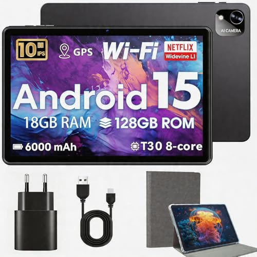 Hasskya Tablet 10 Zoll mit Hülle, Android 15-Tablets,18GB RAM+128GB ROM 1TB Erweiterbar, Widevine L1-kompatibles Octa-Core Tablett mit WiFi 5, HD IPS Touchscreen, 6000 mAh,T30-CPU, 5MP+8MP