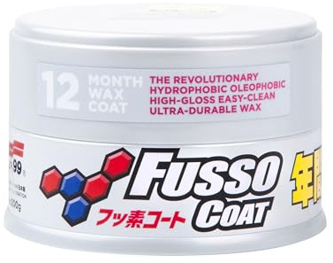 SOFT99 Fusso Coat 12 Monate Wax Light 200g – harte Autopflege – Autopflege wasserdichte hydrophobe Beschichtung – langlebiger Lackschutz und Hochglanz-Finish – Kit mit einem Applikator-Pad