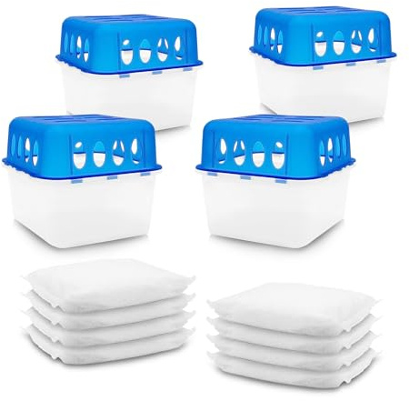 Spetebo 4x Ultra Fresh Luftentfeuchter Granulat Box mit 8x 400g Nachfüllbeutel - Raumentfeuchter mit Auffangschale - Raum Luft Trockner Entfeuchter wiederverwendbar nachfüllbar ohne Strom