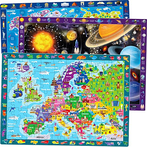 QUOKKA 100 Teile Puzzle ab 4 5 6 Jahre – 3 Groß Spiele für Mädchen und Jungen – Kinder Spielzeug Weltraum Landkarten Europa und Weltkarte – Bodenpuzzles Geschenk für 7 8 Jährige