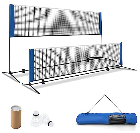 COSTWAY Badmintonnetz Outdoor 3/4/5 m, Volleyballnetz Garten wetterfest, Federballnetz höhenverstellbar mit 2 Federbällen & Tragetasche, Badminton Set tragbar mit Netz für Badminton Tennis Volleyball