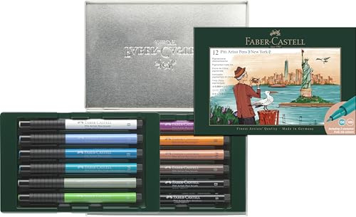 Faber-Castell - Pitt Artist Pen Tuschestift Geschenkset New York | 12 Pinselstifte in Metallbox, City Collection, wasserfeste Zeichentusche für Handlettering, Illustration und Skizzen