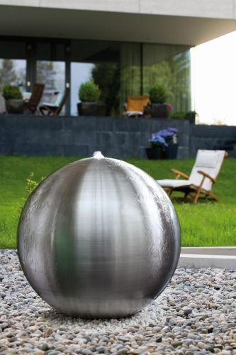 Windworks Edelstahl Kugelbrunnen Arctic 40 matt Becken Abdeckung Zierkies Pumpe Beleuchtung Zuleitung 10m Kugel Ø 40cm