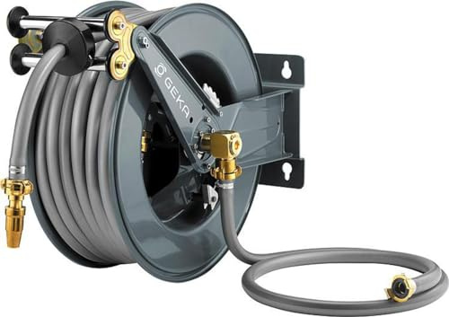 GEKA plus Automatischer Schlauchaufroller PA30SK (robuster Schlauchaufroller, Stahlkonstruktion, autom. Rückzug, schrittweise Arretierung, mit 30 m Wasserschlauch), Grau