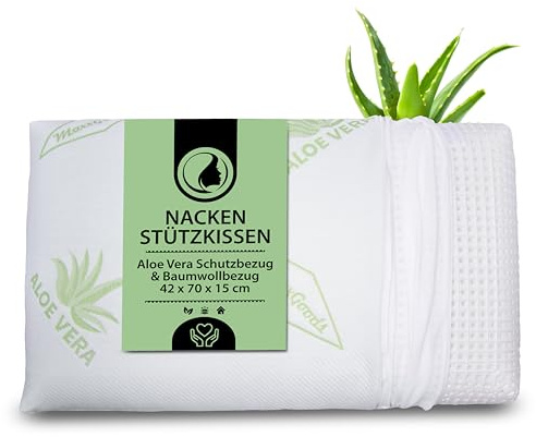 MaxxGoods orthopädisches Kissen, Nackenstützkissen aus Visco Gelschaum mit Aloe Vera Schutzbezug & Innenbezug aus 100% Baumwolle - Kopfkissen, Kissen für Seitenschläfer (42cm x 70cm x 15cm)