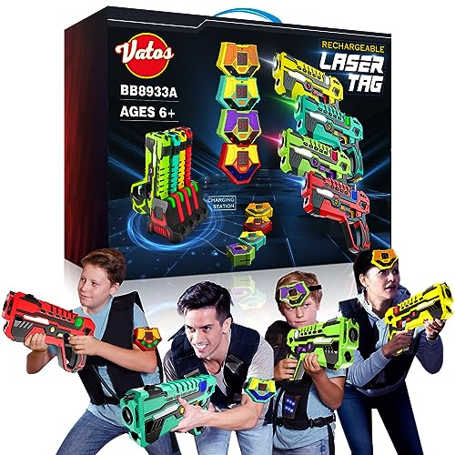 VATOS Wiederaufladbares Laser Tag Set – 4 Pack Lasertag mit Empfängern für Kinder Erwachsene, 2.4GHz Daten-Sync-Anzeige Spiel, Infrarot Spielzeug Alter 6-12+ Jungen Mädchen